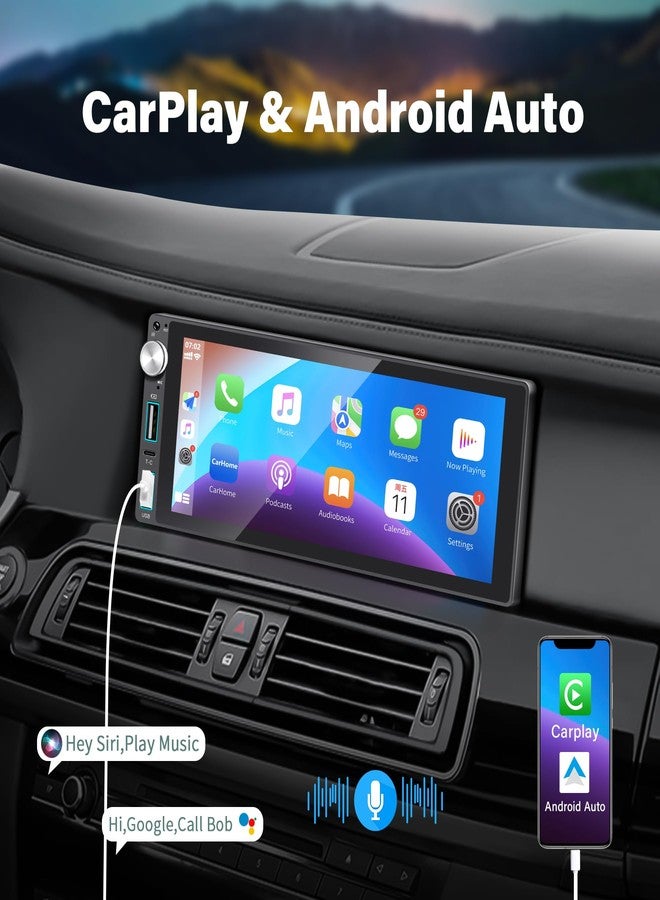 LSLYA Single Din Car Stereo with Apple Carplay Android Auto,6.9 Inch IPS Touchscreen, 1 Din Car Audio Receivers wtih Bluetooth Handsfree/FM/AM/Dual USB/Type-C/EQ/SWC/GPS Navigation/Backup Camera/Microphone - Image 2